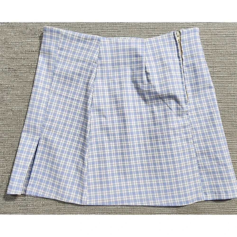 Altard State Blue‎ White Gingham Plaid Mini Skirt Side Slit Womens Small